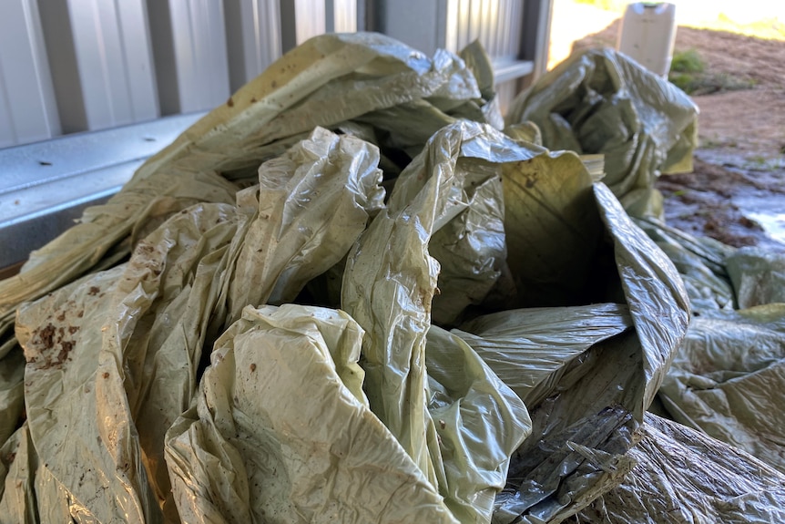 Discarded hay bale wrapping on the ground inside a shed.