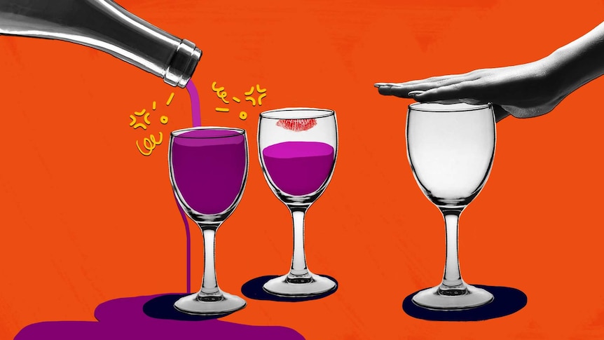 Illustration shows two wine glasses being filled while another has a hand covering the top of the glass.