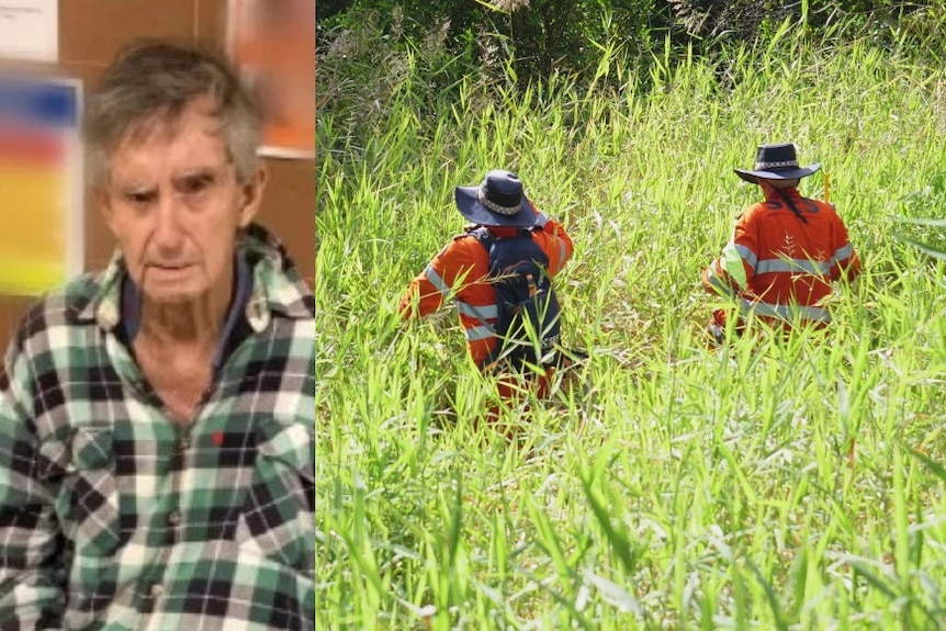 A composite image of a frail elderly man and SES crews searching in a field of long grass.