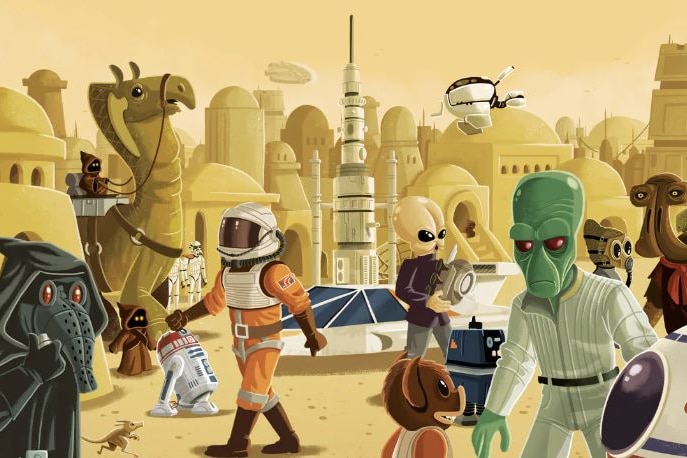 Cartoons of Star Wars characters are shown moving around in an illustration