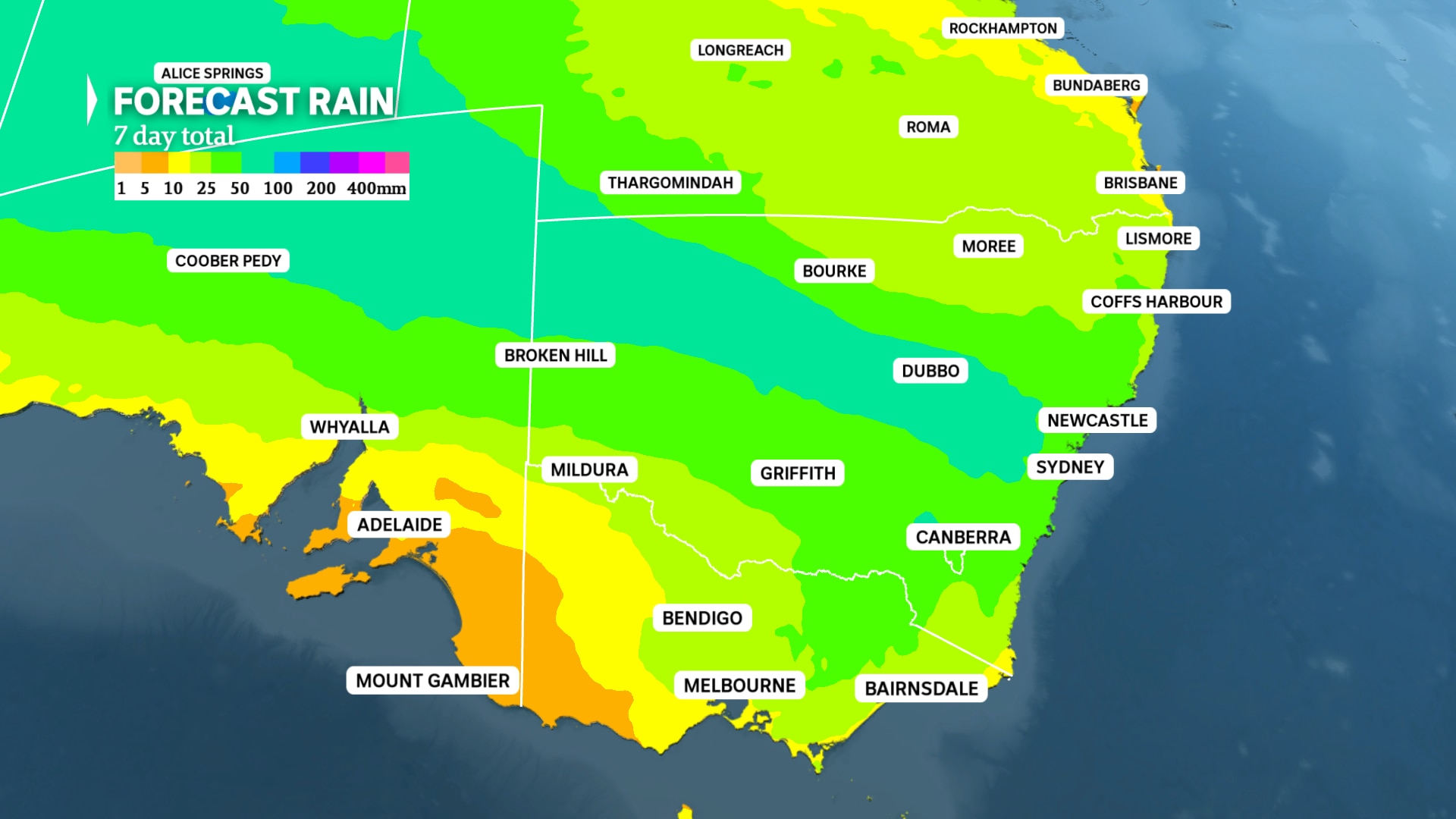 Un mapa meteorológico de Australia del Sur y el interior de Nueva Gales del Sur que muestra eventos de lluvia potencialmente importantes.