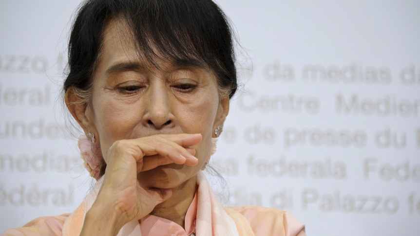 Aung San Suu Kyi appears unwell as she speaks during a press conference in Bern.