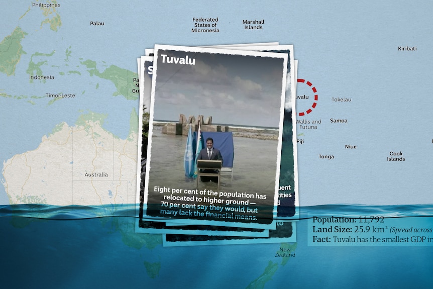 A postcard showing the foreign minister of Tuvalu giving a press conference in the water.