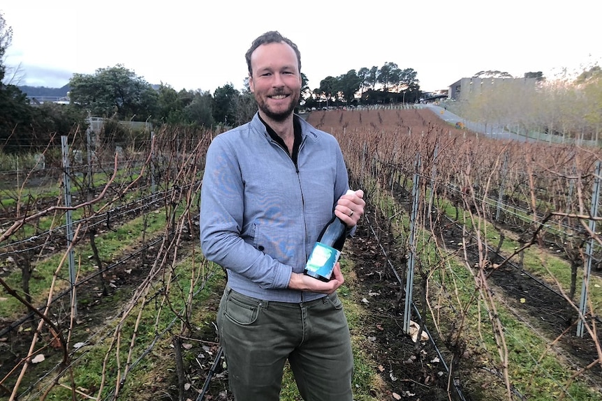 A young man holds a bottle of wine and stand in a vineyard