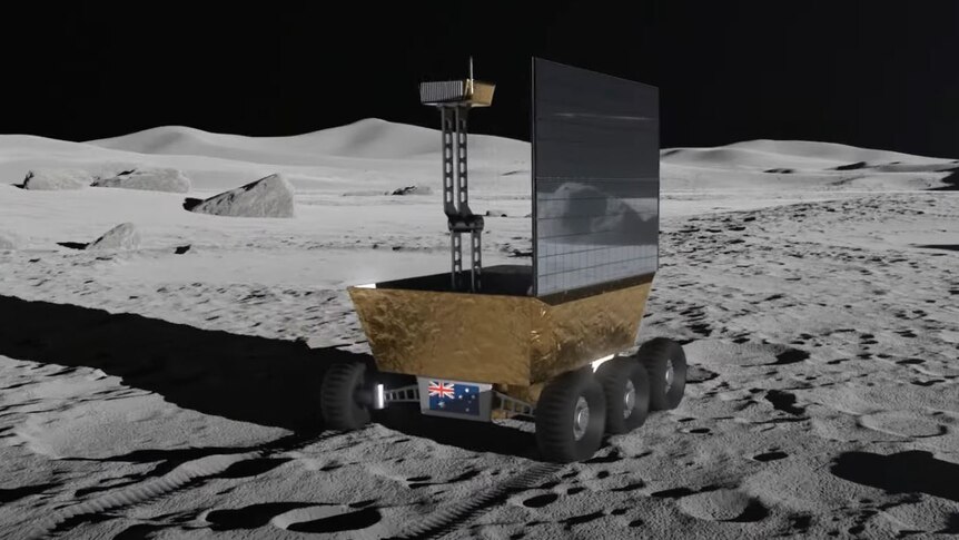 artists impression of a moon rover on the moon which looks like a gold box on 6 wheels