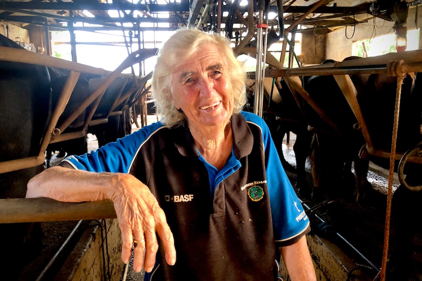 A grey haired woman smiles in a dairy.