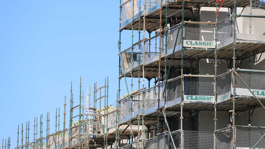 Close-up of construction scaffolding.