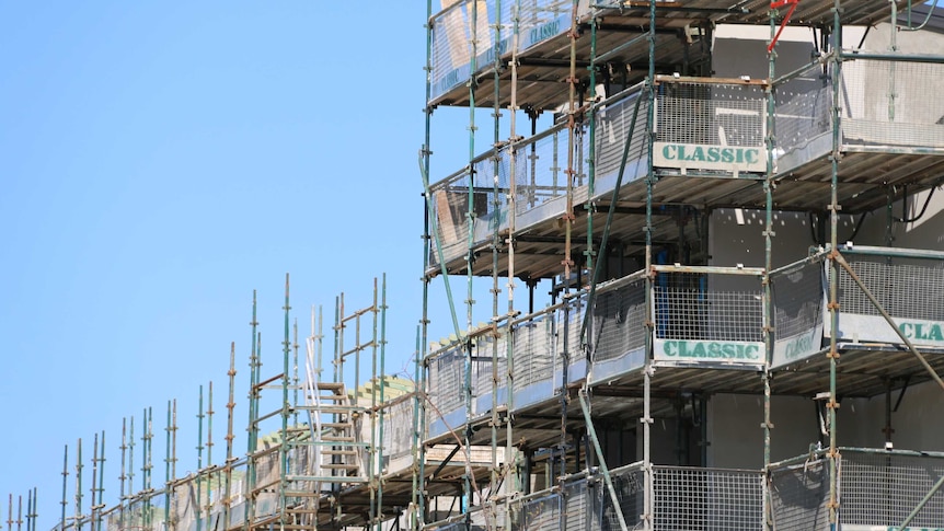 Close-up of construction scaffolding.