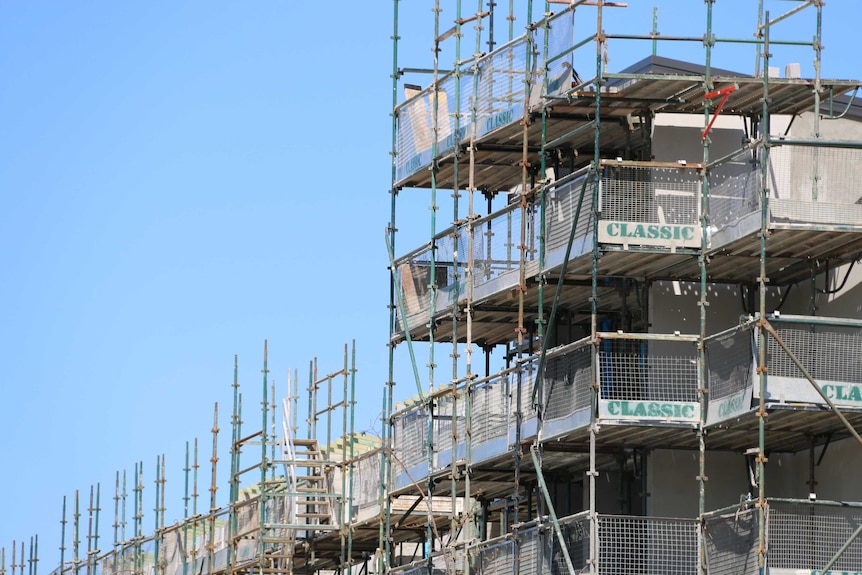 Close-up of construction scaffolding.