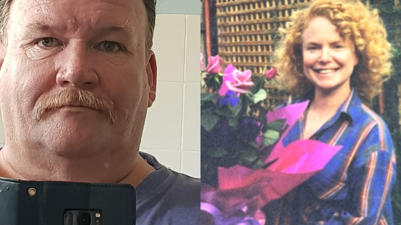 A composite image of a man with a moustache taking a selfie and a woman with red curly hair holding a floral bouquet.