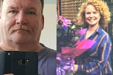 A composite image of a man with a moustache taking a selfie and a woman with red curly hair holding a floral bouquet.