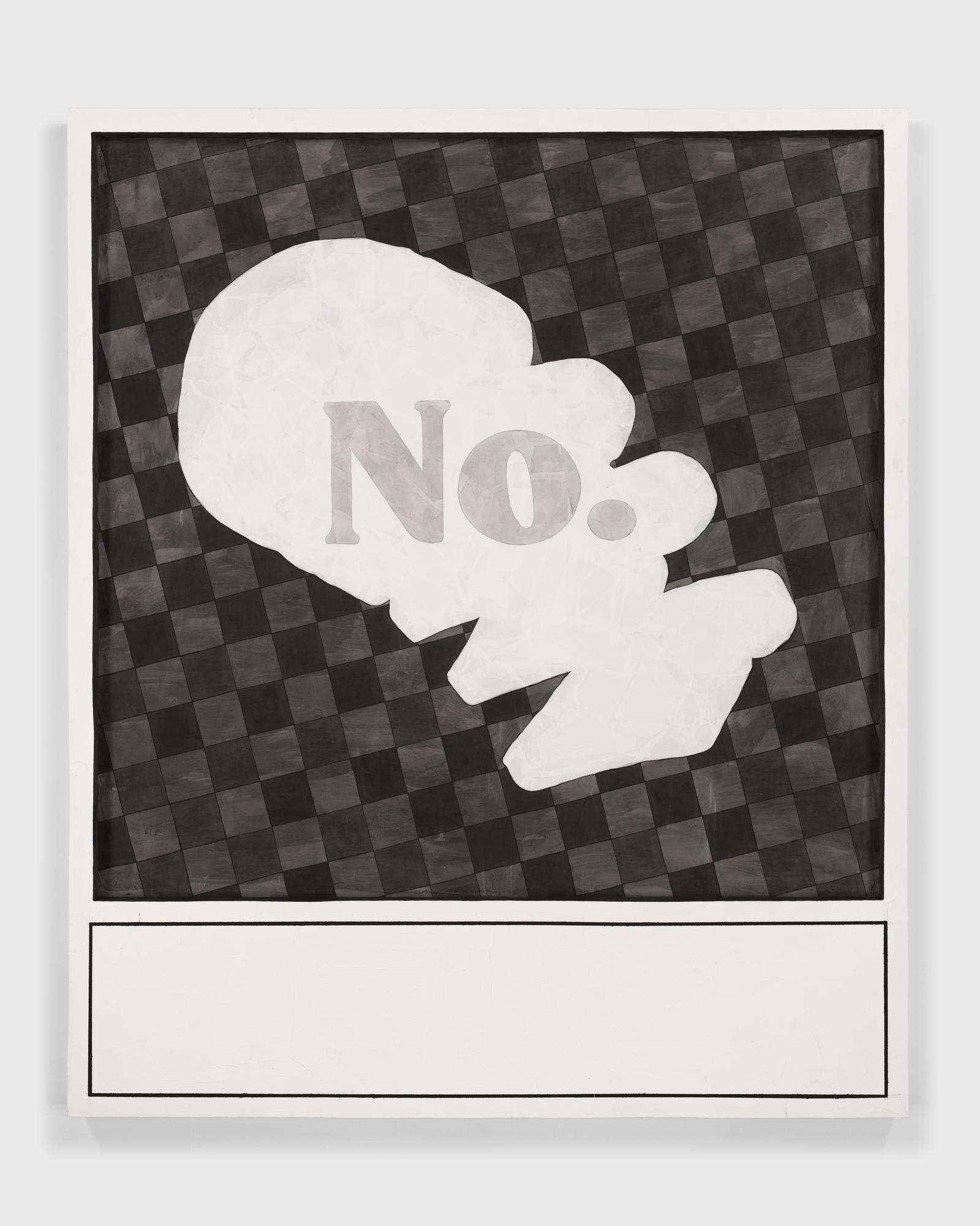 Large square artwork with grey and black checks and a white bubble with the word No. inside it.