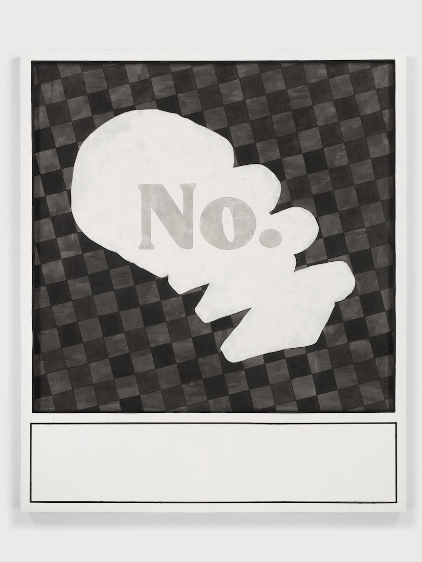 Large square artwork with grey and black checks and a white bubble with the word No. inside it.