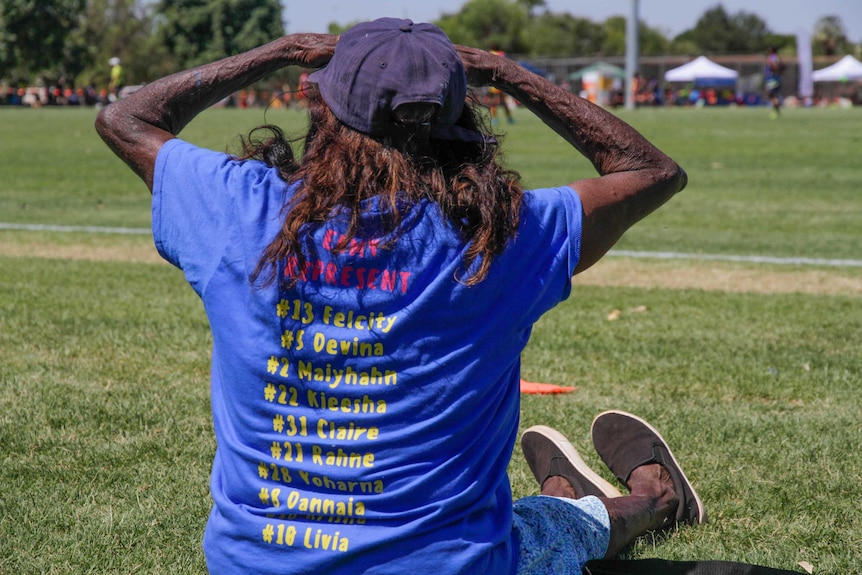 Lilly Rogers has a shirt with the names of her grandchildren in first women's West Kimberley Football League grand final