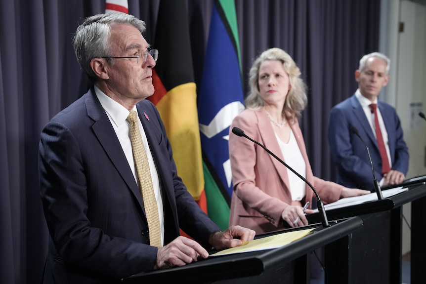 Mark Dreyfus, Clare O'Neil and Andrew Giles at a press conference inside Parliament House