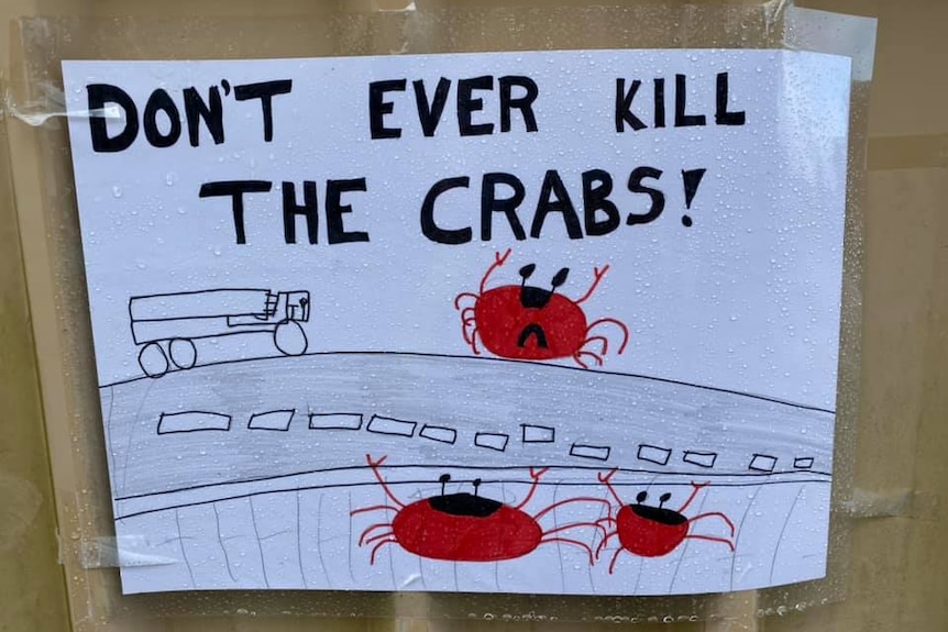 A poster made by a student saying "Don't Ever Kill The Crabs"