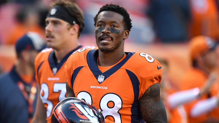 Denver Broncos wide receiver Demaryius Thomas warms up before an NFL football game
