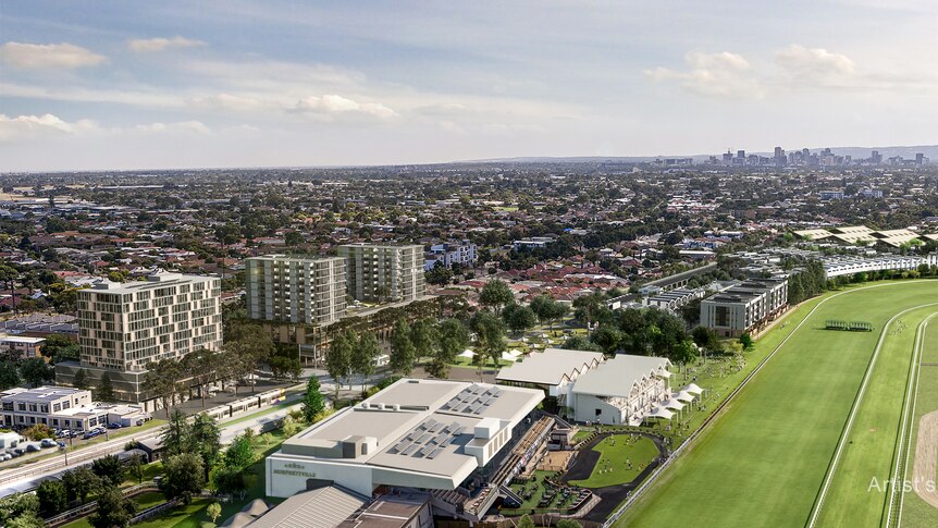 An artist's impression of buildings next to a racecourse