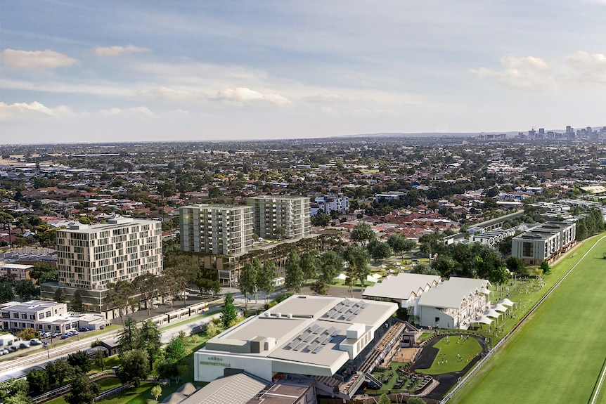 An artist's impression of buildings next to a racecourse