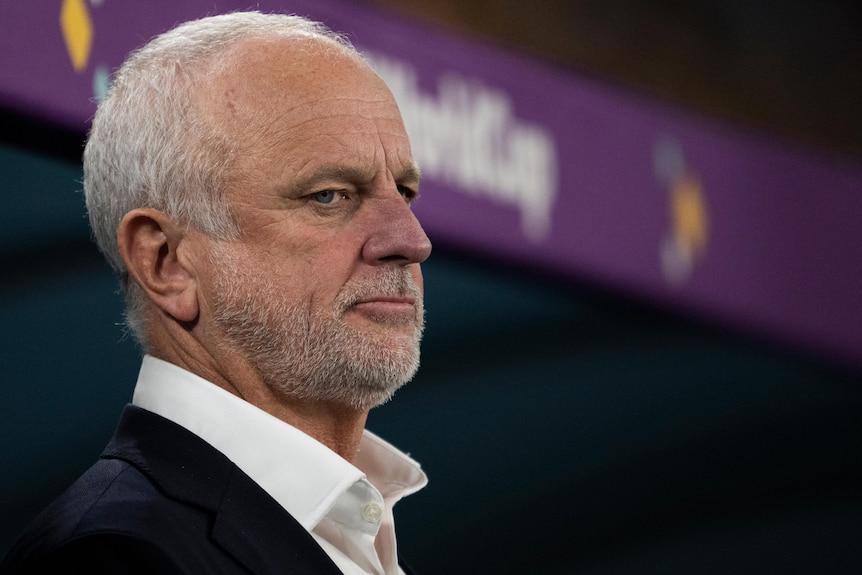 Graham Arnold looks out the side of his eye during a game