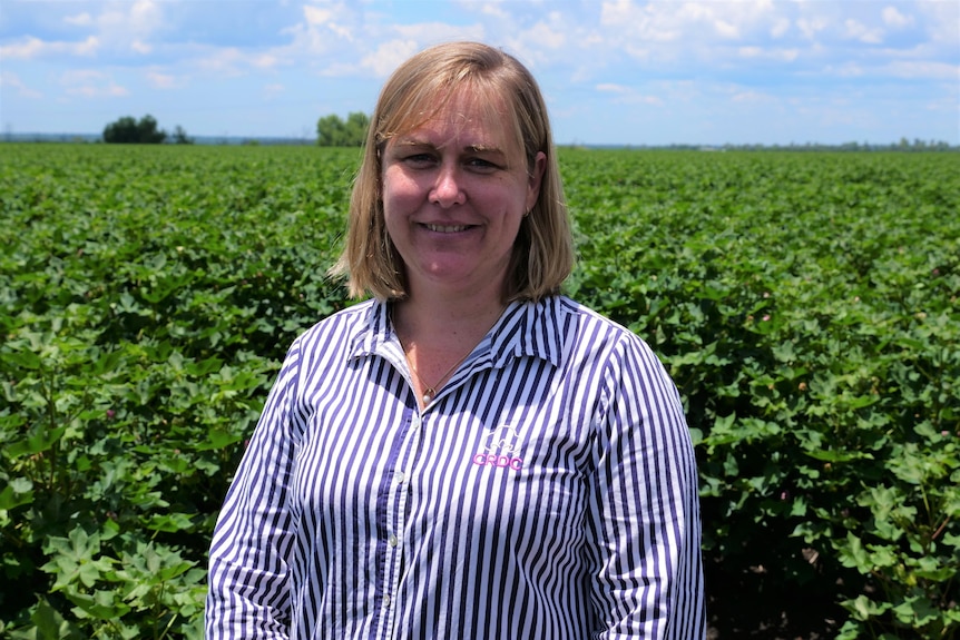 A woman with a blonde bob smiles in a bright green field of cotton, she's wearing a striped work blouse with CRDC embroidered