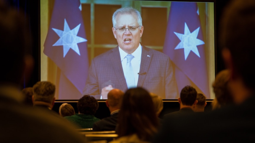Scott Morrison on video screen at WA Liberal conference