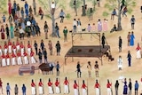 A painting of two aboriginal men being escorted to the gallows, surrounded by spectators.