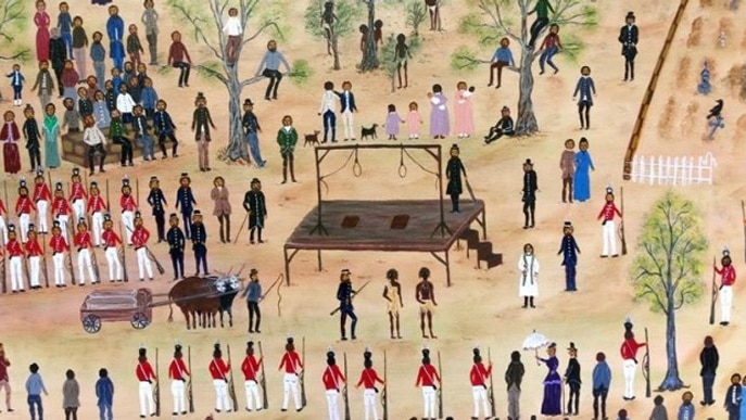 A painting of two aboriginal men being escorted to the gallows, surrounded by spectators.