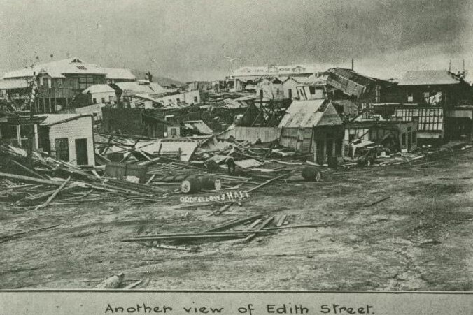Black and white historic photo of Innisfail in north Queensland flattened by a cyclone in 1918, where more than 100 people died.