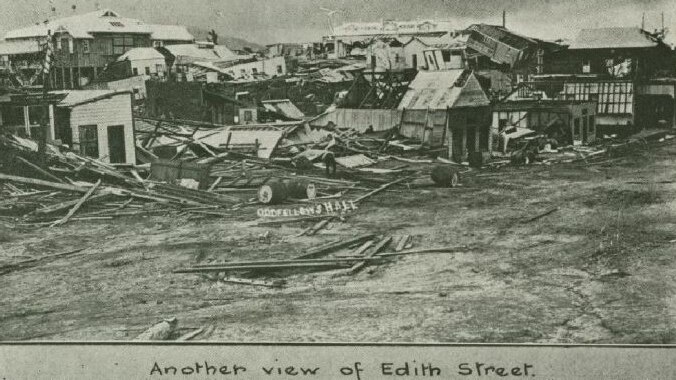 Black and white historic photo of Innisfail in north Queensland flattened by a cyclone in 1918, where more than 100 people died.