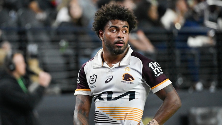 Brisbane Broncos player Ezra Mam puts his hand on his hip during a NRL round one game in Las Vegas.