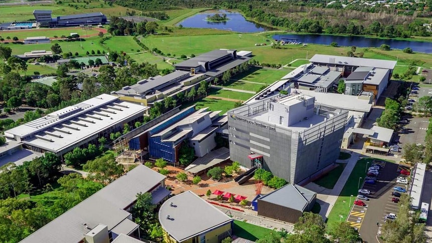 An aerial image of the University campus at Sippy Downs, there are buildings and green spaces.