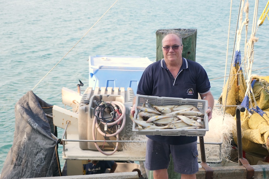 Fisherman David Carracoilo stands in front of boat at marina holding a tray of whitting