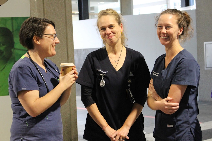 Nurses from the Royal Hobart Hospital Emergency Department enjoy a donated coffee.