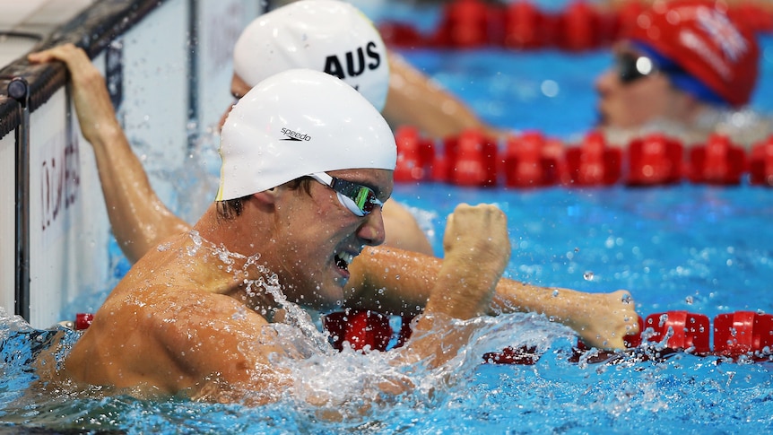 Blake Cochrane of Australia celebrates after winning gold in the men's 100m breaststroke - SB7 Final.