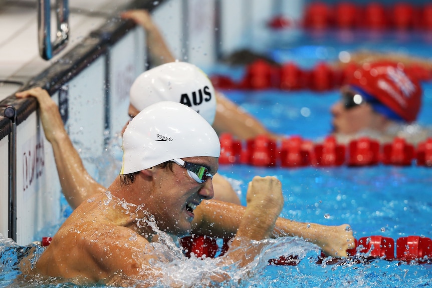 Blake Cochrane of Australia celebrates after winning gold in the men's 100m breaststroke - SB7 Final.