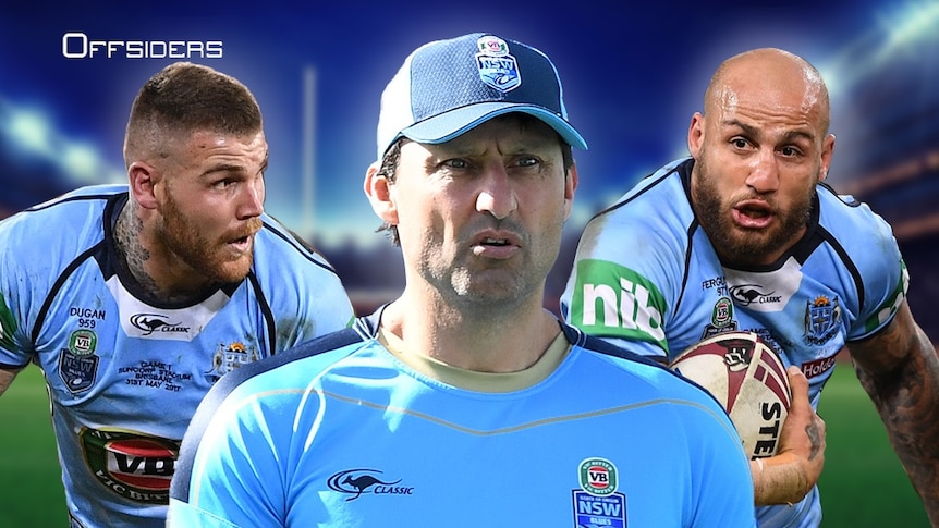 NSW Blues State of Origin team coach Laurie Daley with players Josh Dugan and Blake Ferguson.