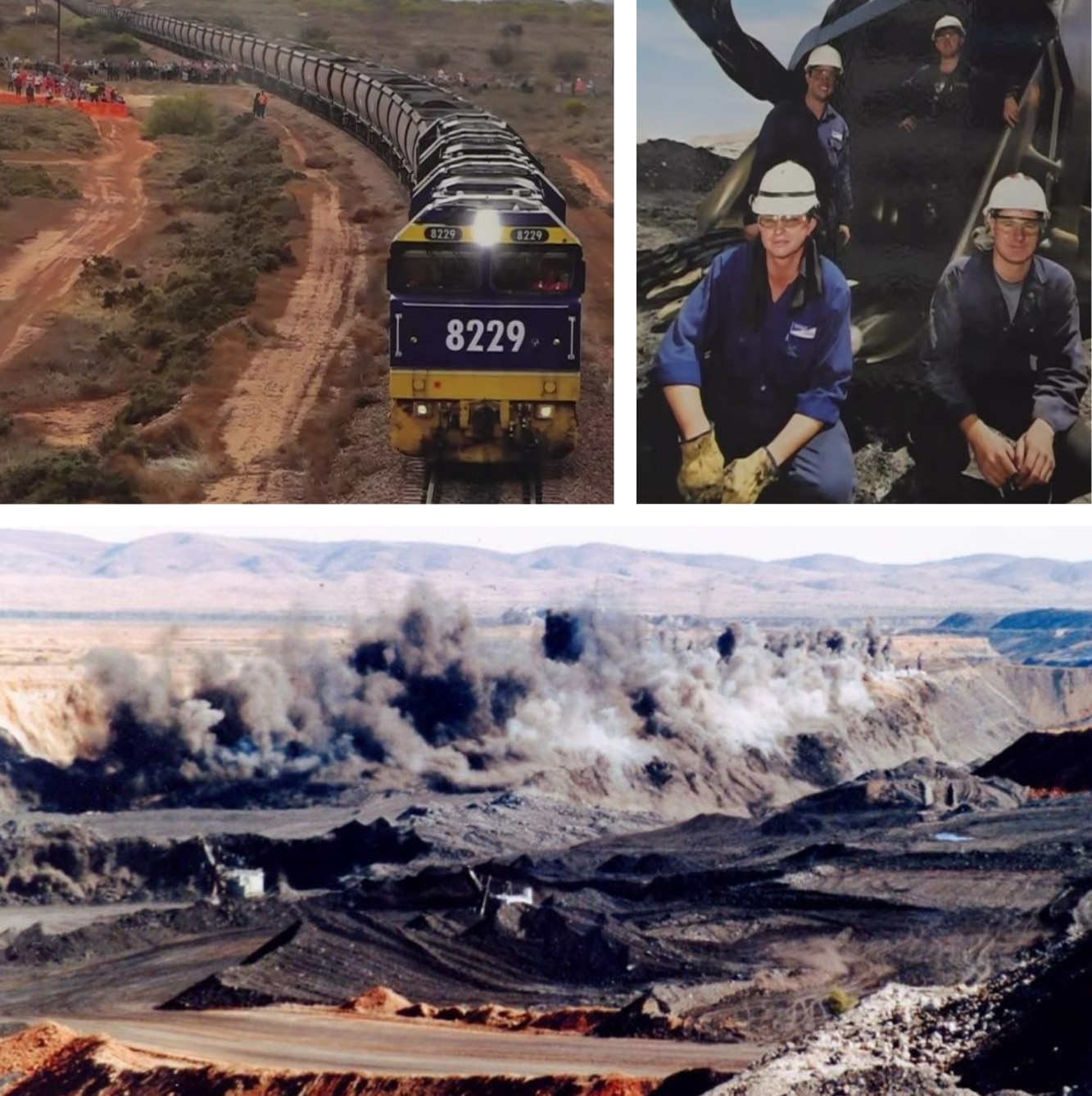 Three images showing a freight train loaded with coal, workers in hard hats, and a mine blast.