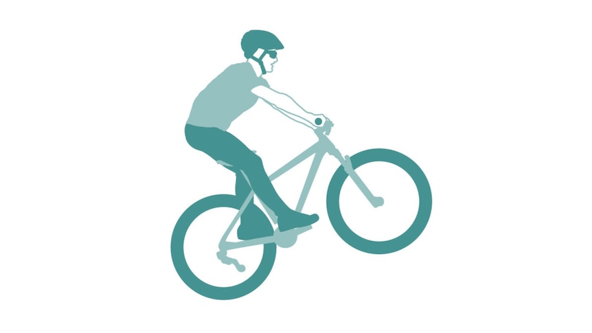 A green cartoon image of a person mountain biking