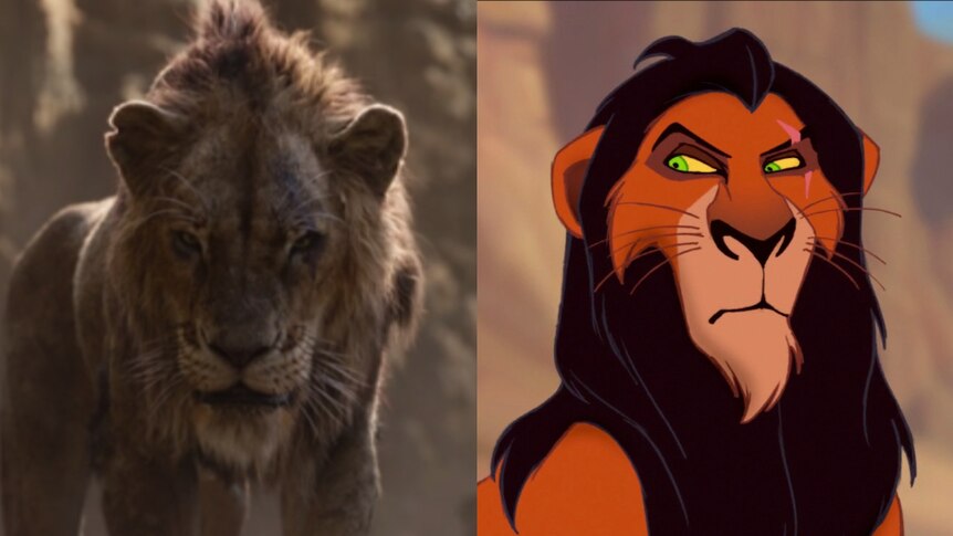 A composite image showing the character Scar in the original The Lion King and the remake.