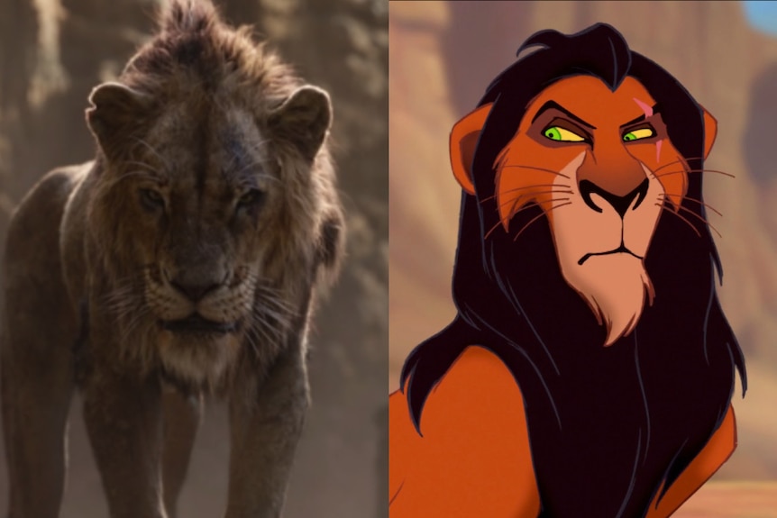 A composite image showing the character Scar in the original The Lion King and the remake.