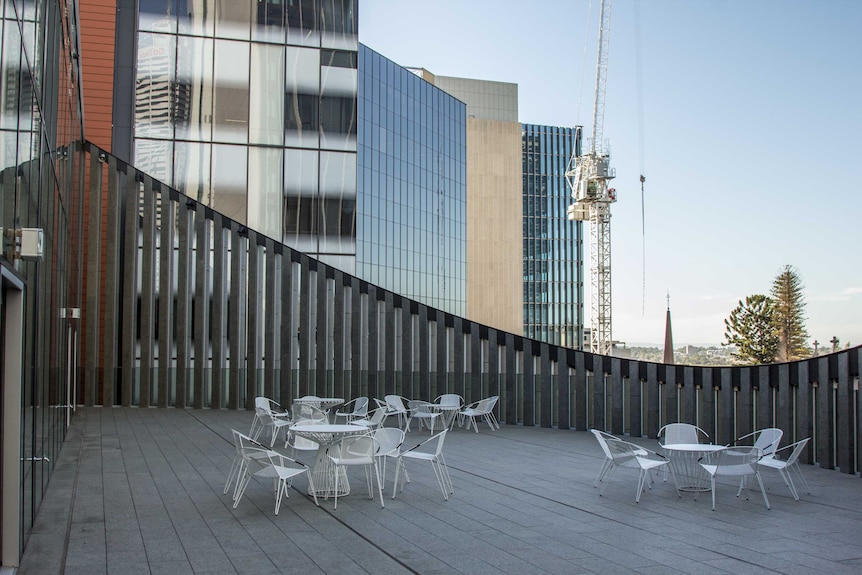 The library terrace overlooks St George's Cathedral and Council House.