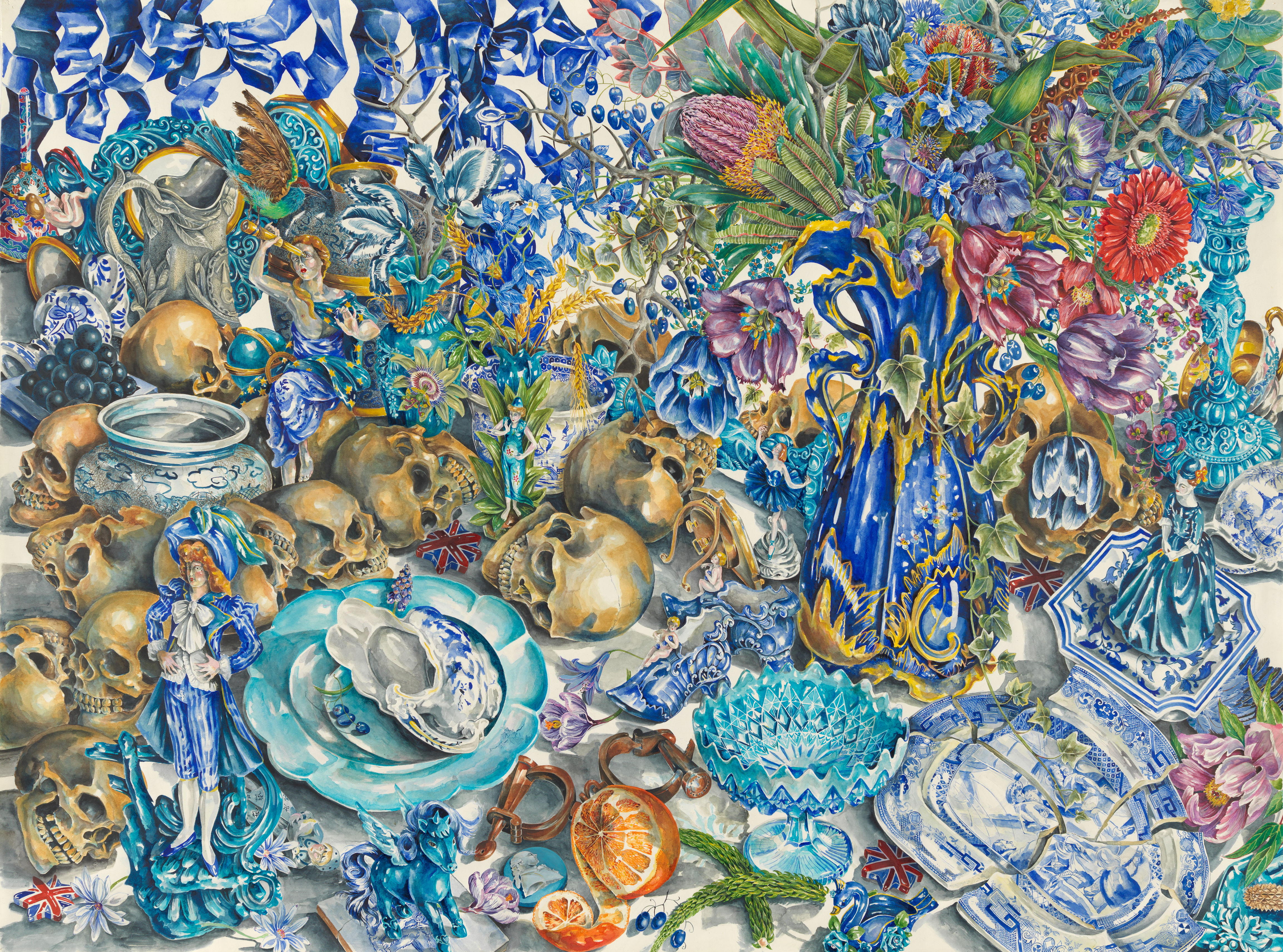 A highly detailed blue and gold toned painting of an opulent table with fine china settings, and several golden skulls.