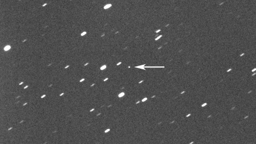 An arrow points to which asteroid will flyby.