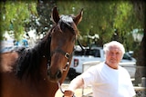 Menindee horse trainer Wayne Marsden next to one of his horses
