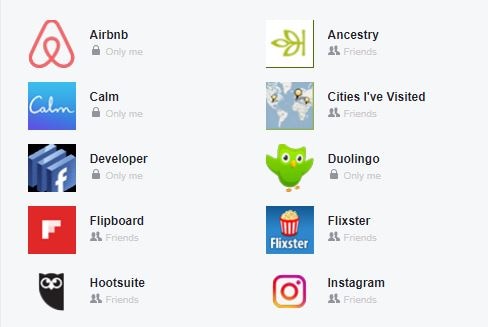 A list of Facebook apps that have been agreed to by a user on the Facebook settings page