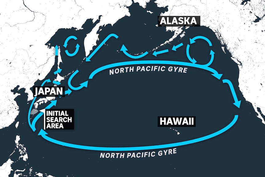 You view a map of the North Pacific with arrows showing how ocean currents travel between East Asia and North America.