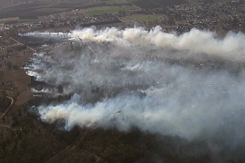 An aerial view of a bushfire in the Lockyer Valley town of Laidley.