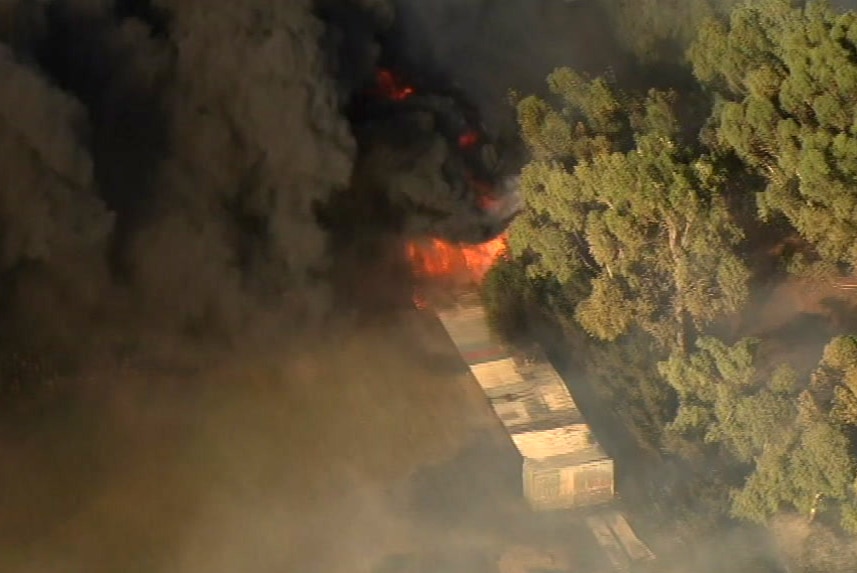 An aerial shot of flames from a bushfire.
