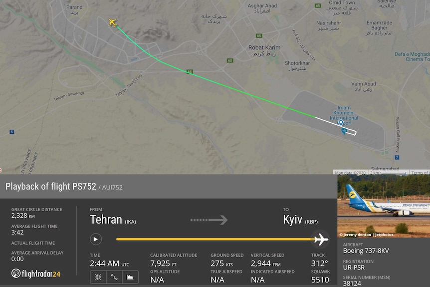 An illustration of the brief flight path of a flight that crashed in Tehran, Iran.